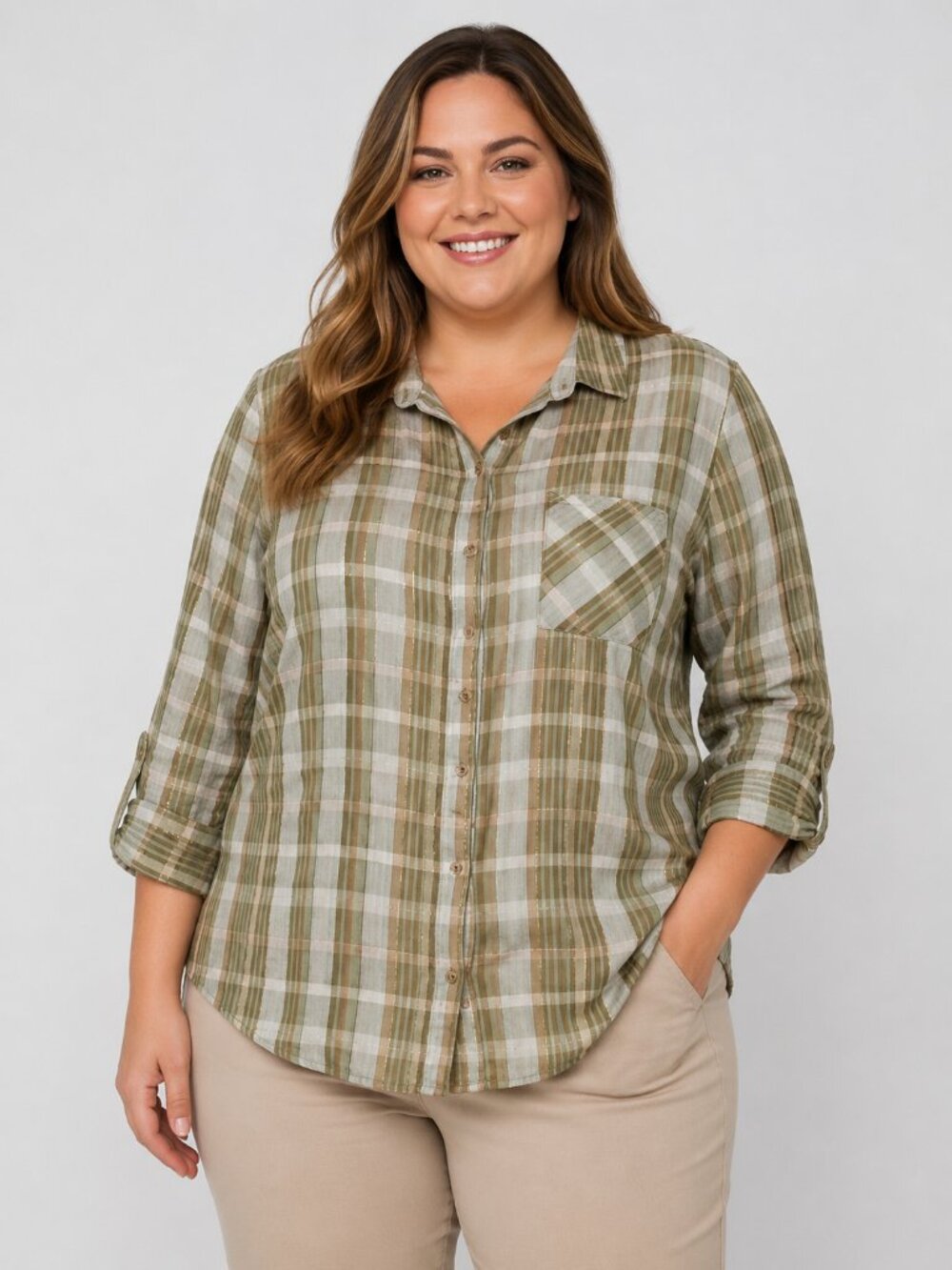 Cato Plus Olive Plaid Button Up Shirt Metallic Accent Roll Tab Sleeve Blouse